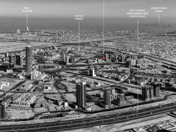 Binghatti Aurora location map showcasing proximity to major Dubai landmarks, including Burj Al Arab, Downtown Dubai, and Sheikh Mohammed Bin Zayed Road.