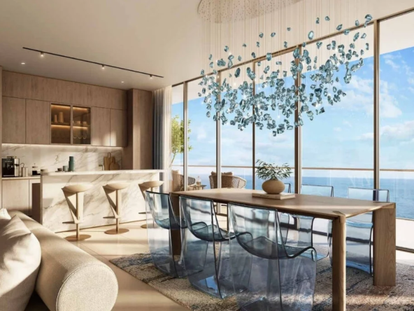 Spacious and modern living room in a Damac Shoreline villa, featuring panoramic ocean views, comfortable seating, and elegant decor.