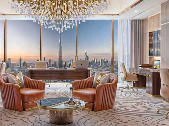Modern and elegant living room design with a curved sofa and marble flooring with burj khalifa view