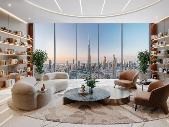 Spacious living room in a luxury apartment featuring floor-to-ceiling windows with stunning views of the city and Burj Khalifa.