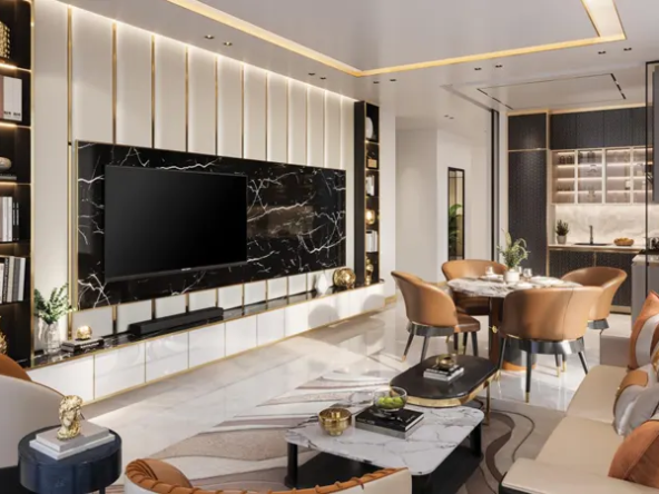 Modern and stylish living room design with black and white marble accents at Bayz 102 residential tower.