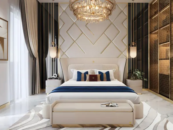 Luxurious bedroom interior at Bayz 102 by Danube Properties, featuring a king-size bed, marble flooring, and elegant decor.