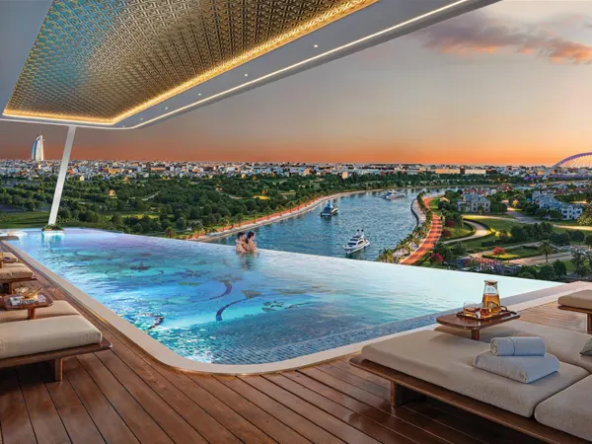 Infinity pool and outdoor gym area at Bayz 102 by Danube Properties, with stunning panoramic views of Dubai